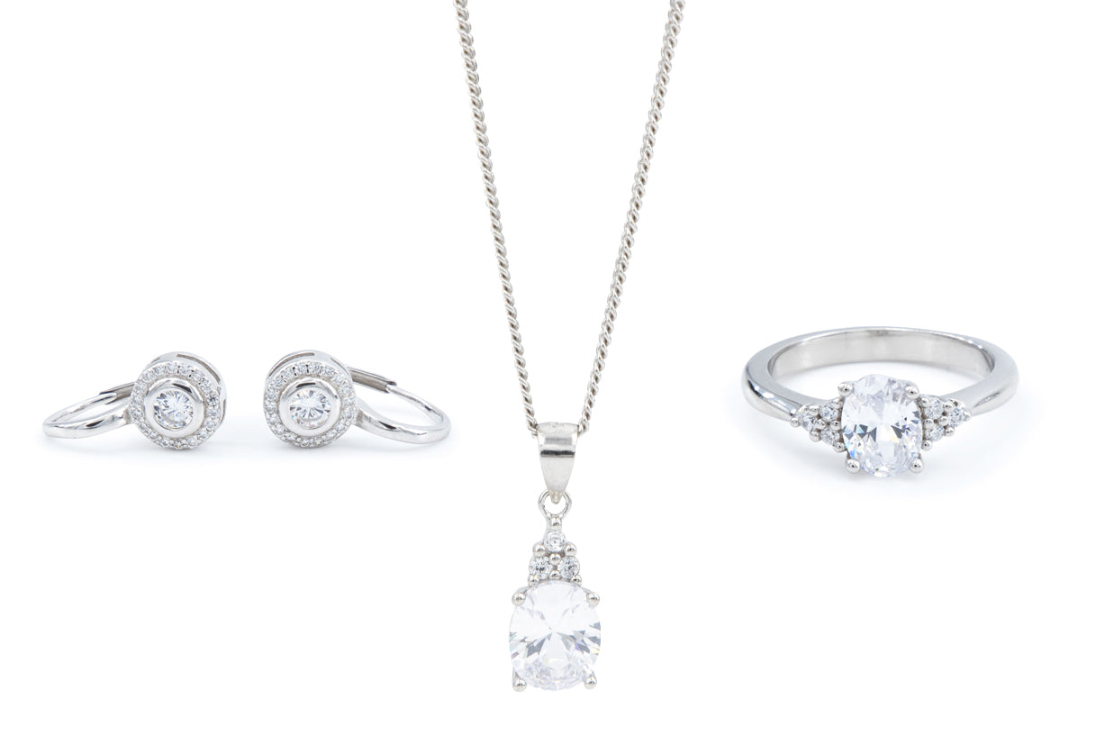 Bequasa Oval Cristallic Set, Weiss, Silber 925, Rhodiniert