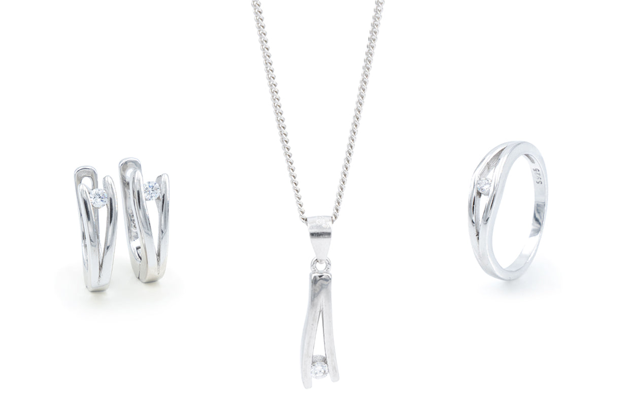 Bequasa Sparkling Fine Crystal Set, Weiss, Silber 925, Rhodiniert